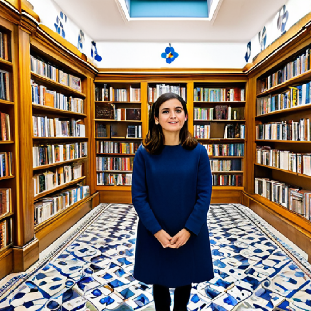 Modern Lisbon Bookstore**

"A brightly lit, modern bookstore in Lisbon, Portugal.  Shelves are filled with books in Portuguese. A young woman, fully clothed in stylish, but modest clothing, browses the titles with a thoughtful expression. The background features traditional Portuguese tiles (azulejos) subtly incorporated into the architecture. Warm, inviting atmosphere.  Safe for work, appropriate content, fully clothed, professional, family-friendly, perfect anatomy, natural proportions, high quality, professional photography."

**