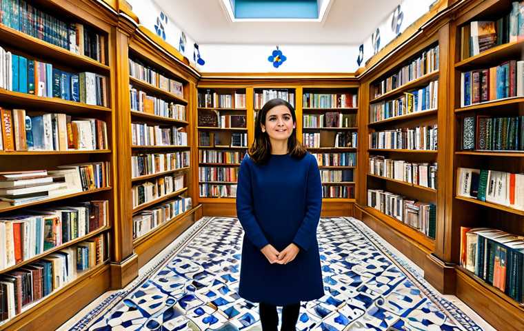Modern Lisbon Bookstore**
"A brightly lit, modern bookstore in Lisbon, Portugal. Shelves are filled with books in Portuguese. A young woman, fully clothed in stylish, but modest clothing, browses the titles with a thoughtful expression. The background features traditional Portuguese tiles (azulejos) subtly incorporated into the architecture. Warm, inviting atmosphere. Safe for work, appropriate content, fully clothed, professional, family-friendly, perfect anatomy, natural proportions, high quality, professional photography."
**