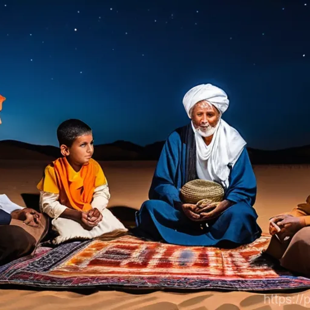 사하라 아랍 민주 공화국 아랍어 방언 - **Hassaniya Poetic Storytelling Under Desert Stars:**
A wise, elderly Saaraui Ikaouen (storytell...