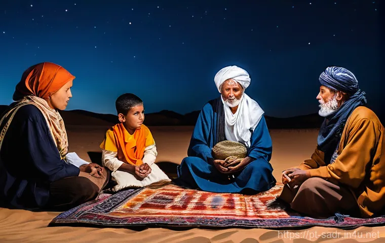 사하라 아랍 민주 공화국 아랍어 방언 - **Hassaniya Poetic Storytelling Under Desert Stars:**
A wise, elderly Saaraui Ikaouen (storytell...
