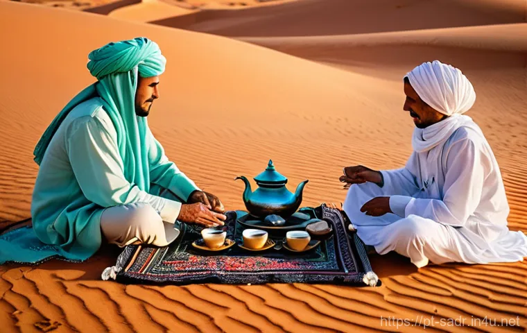 사하라 아랍 민주 공화국의 전통 음식과 모로코 요리 비교 - **Sahrawi Mint Tea Ritual at Sunset:** A picturesque scene of a traditional Sahrawi mint tea ceremon...