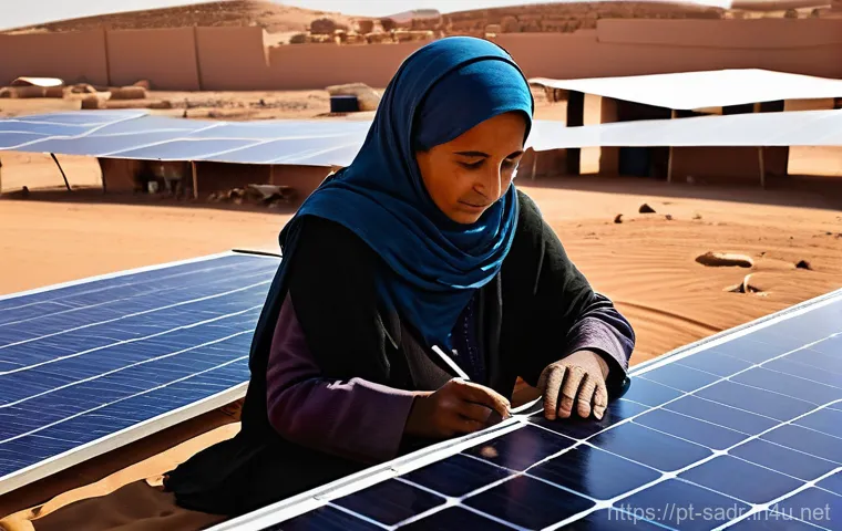 사하라 아랍 민주 공화국 내 기후 변화 대응 정책 - **Prompt: "A vibrant, eye-level shot capturing a multi-generational Sahrawi community collaborating ...