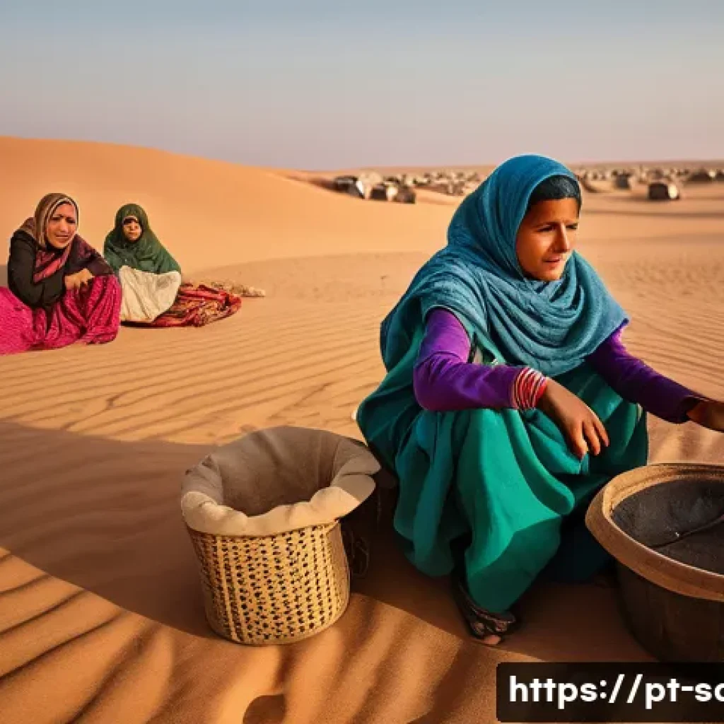 사하라 아랍 민주 공화국 독립운동 - **Prompt:** "A vibrant, photo-realistic image capturing the daily life and resilience of Sahrawi wom...