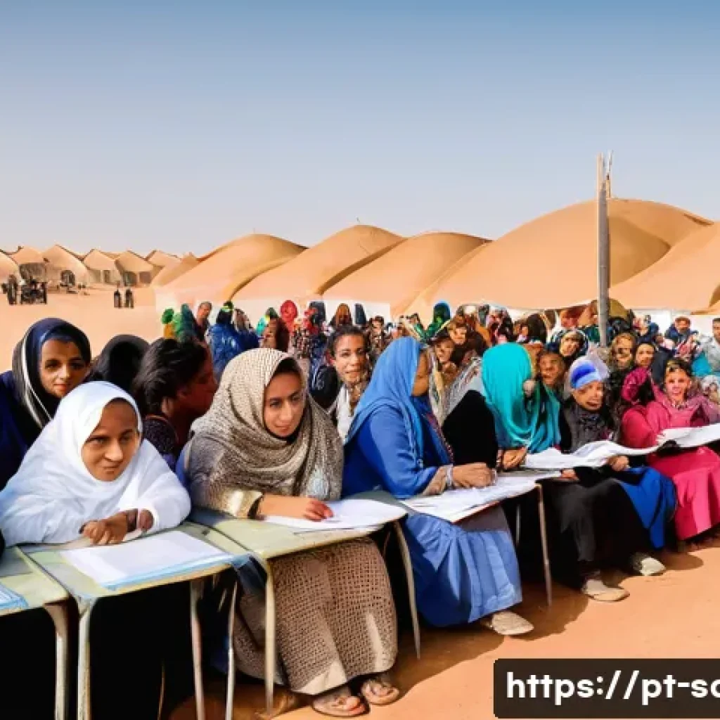 사하라 아랍 민주 공화국 내 NGO 및 국제 구호 활동 - **Prompt 1: Sahrawi Women Leading Community Life with Resilience**
"A vibrant, wide-angle shot o...