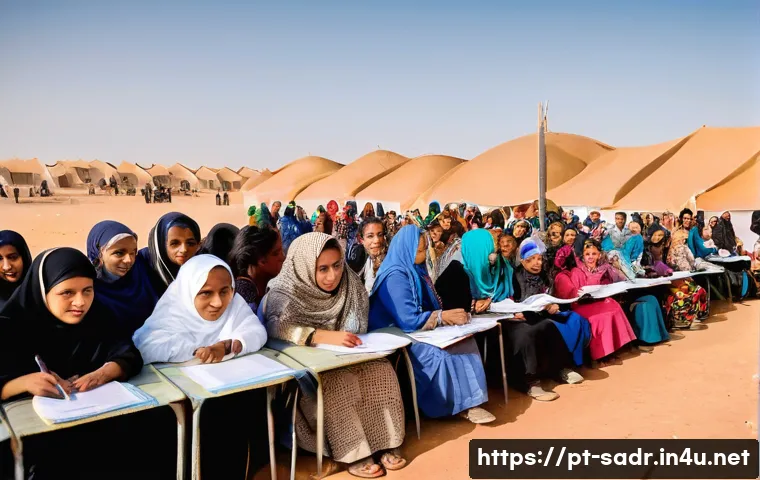 사하라 아랍 민주 공화국 내 NGO 및 국제 구호 활동 - **Prompt 1: Sahrawi Women Leading Community Life with Resilience**
"A vibrant, wide-angle shot o...