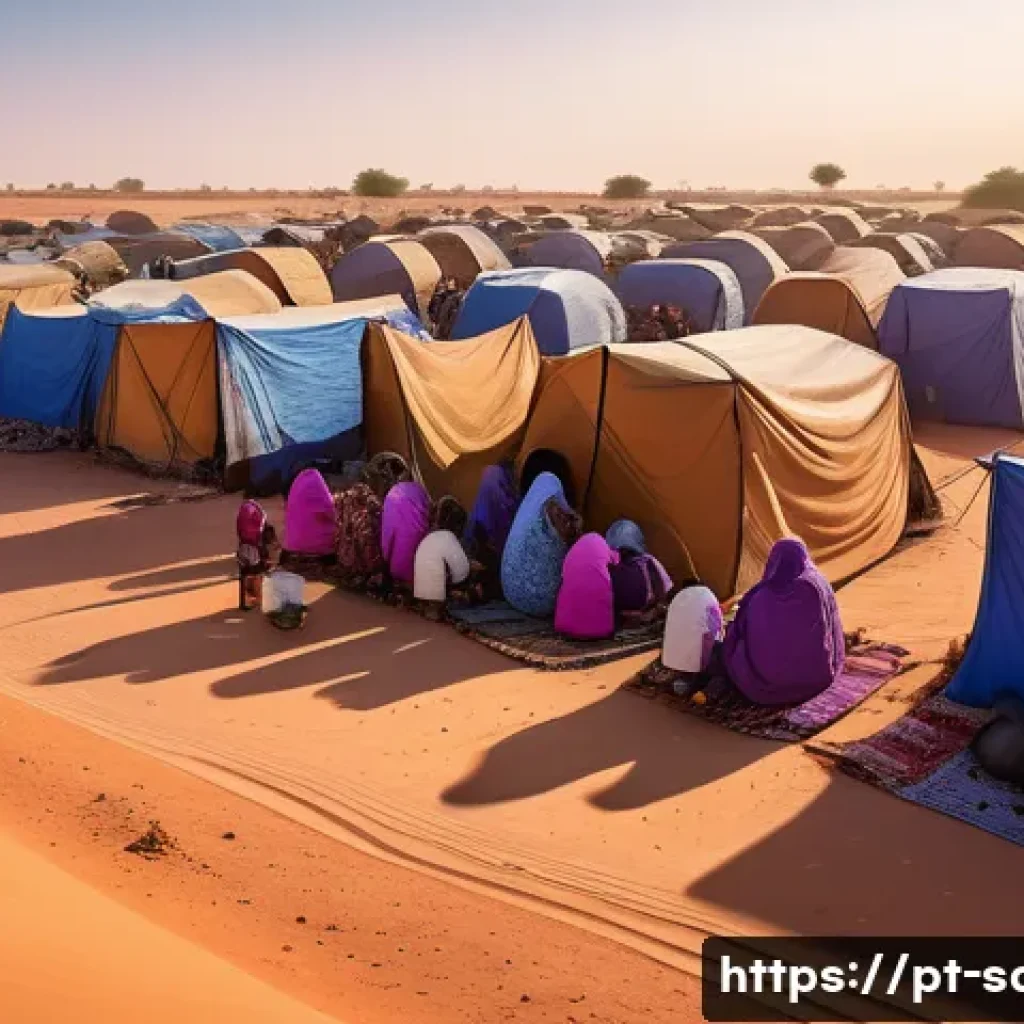 사하라 아랍 민주 공화국 내 난민 문제 - A detailed scene of a Saharan refugee camp at sunset, showing families with children wearing simple,...