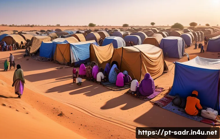 사하라 아랍 민주 공화국 내 난민 문제 - A detailed scene of a Saharan refugee camp at sunset, showing families with children wearing simple,...