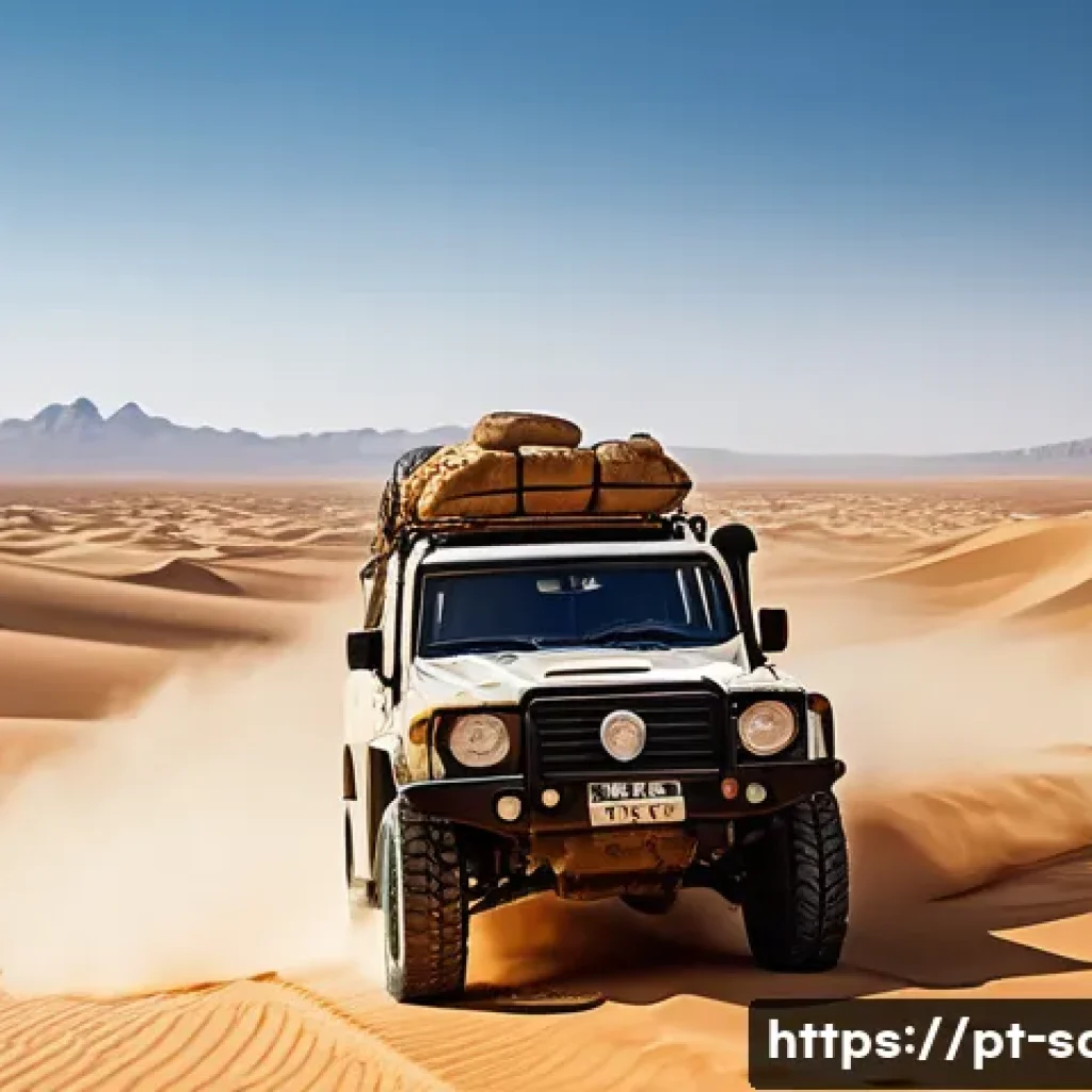 사하라 아랍 민주 공화국 내 이동 수단 - A rugged 4x4 vehicle equipped with large off-road tires and reinforced traction systems, driving acr...