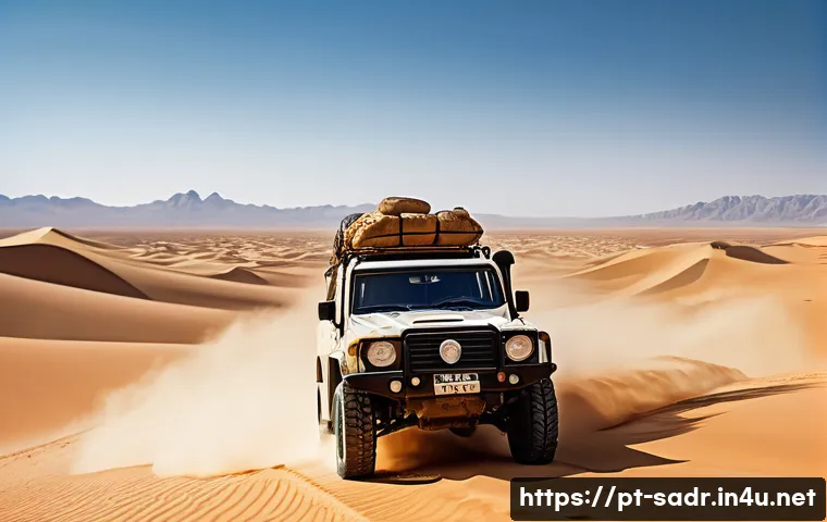 사하라 아랍 민주 공화국 내 이동 수단 - A rugged 4x4 vehicle equipped with large off-road tires and reinforced traction systems, driving acr...