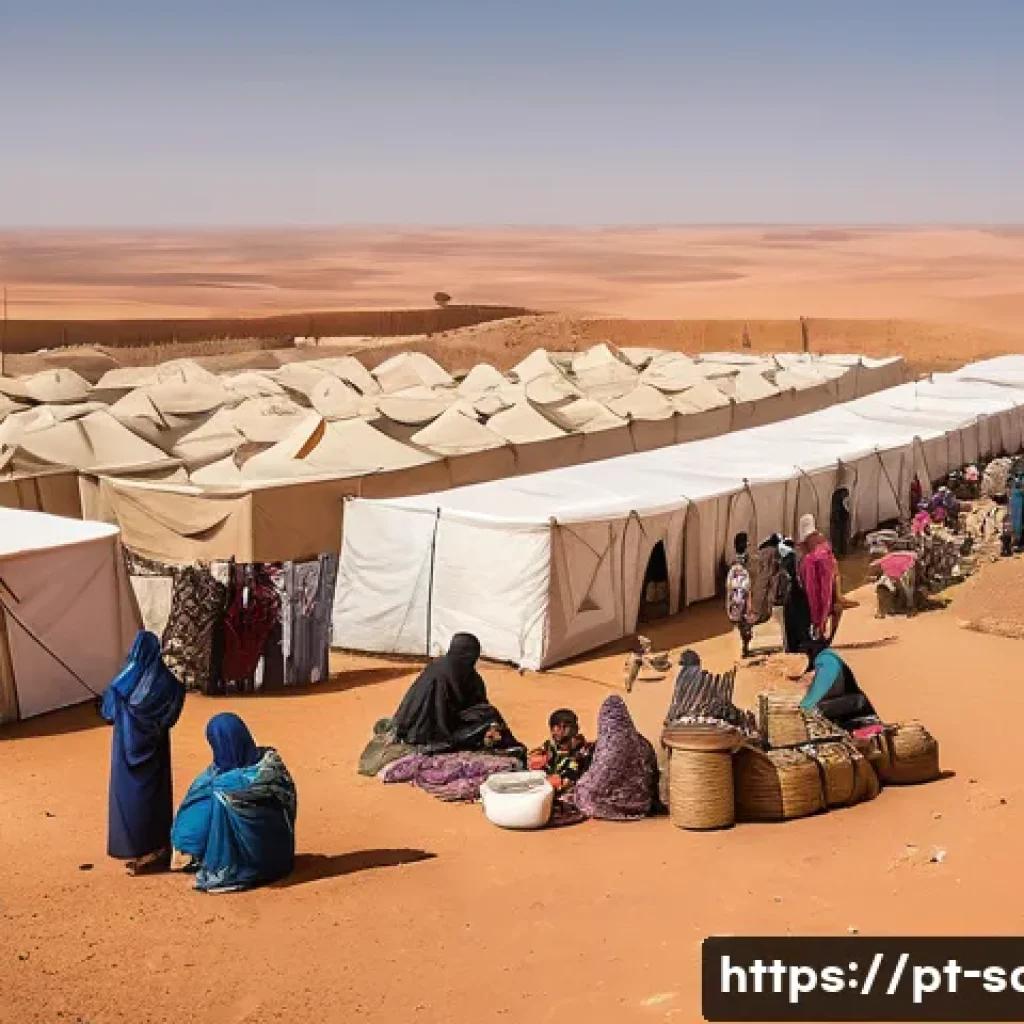 사하라 아랍 민주 공화국 내 분쟁 지역 - A detailed scene depicting Sahrawi refugees living in Tindouf camps in Algeria, showcasing a vast de...