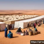 사하라 아랍 민주 공화국 내 분쟁 지역 - A detailed scene depicting Sahrawi refugees living in Tindouf camps in Algeria, showcasing a vast de...