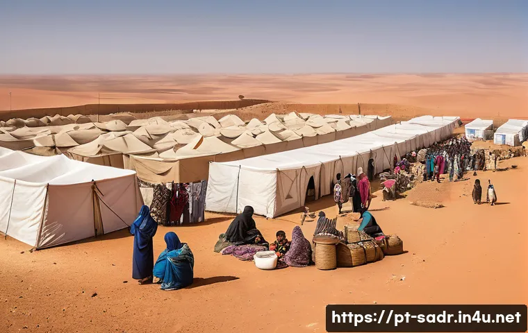 사하라 아랍 민주 공화국 내 분쟁 지역 - A detailed scene depicting Sahrawi refugees living in Tindouf camps in Algeria, showcasing a vast de...