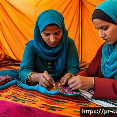 사하라 아랍 민주 공화국 내 여성 인권 - A detailed portrait of Saharawi women artisans in traditional clothing, working together on colorful...