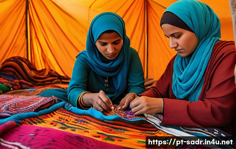사하라 아랍 민주 공화국 내 여성 인권 - A detailed portrait of Saharawi women artisans in traditional clothing, working together on colorful...