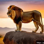 라이운 역사와 발전 - A majestic African lion standing proudly on a rocky outcrop during golden hour, its thick mane gentl...