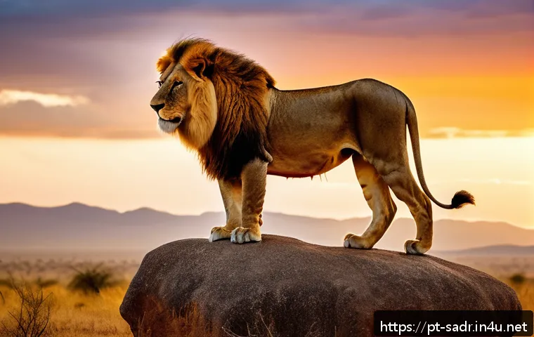 라이운 역사와 발전 - A majestic African lion standing proudly on a rocky outcrop during golden hour, its thick mane gentl...