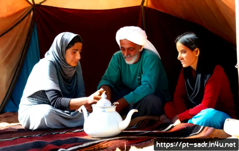 Home 17 사하라 아랍 민주 공화국의 이슬람 문화 - Photorealistic interior of a Sahrawi family tent in the Western Sahara, an elderly man in a flowing ...